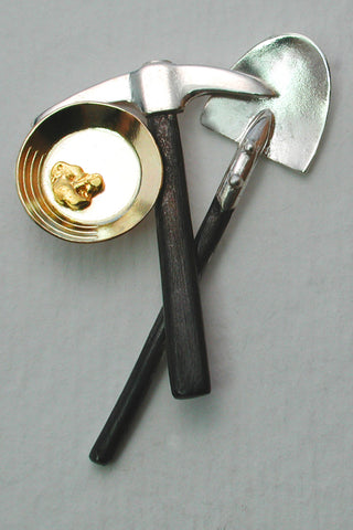 Lapel Pin with Gold Nugget, 14kt Gold Pan, Sterling Pick and Shovel Lapel Pin with Gold Nugget, 14kt Gold Pan, Sterling Pick and Shovel
