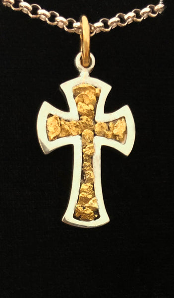 Gold Nugget Cross Pendant in Sterling Silver