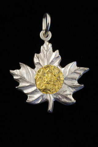 Sterling Silver Maple Leaf with Natural Gold Nugget Inlay Sterling Silver Maple Leaf with Natural Gold Nugget Inlay