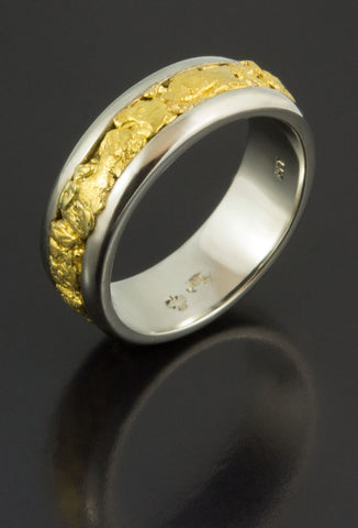 White Gold Wedding Band with Gold Nuggets White Gold Wedding Band with Gold Nuggets