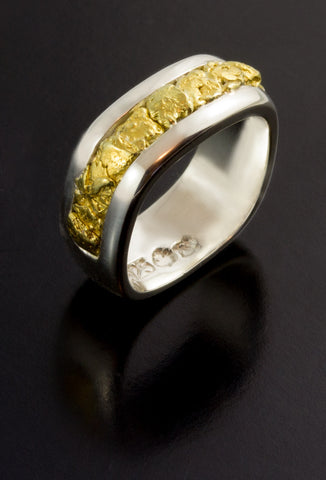 Natural Gold Nugget and Sterling Silver Wedding Band Natural Gold Nugget and Sterling Silver Wedding Band