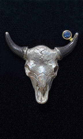 Sterling Silver Buffalo Skull Lapel Pin set with Montana Sapphire Sterling Silver Buffalo Skull Lapel Pin set with Montana Sapphire