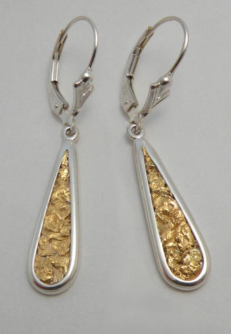 Natural Gold Nugget and Sterling Silver Long Teardrop Earrings Natural Gold Nugget and Sterling Silver Long Teardrop Earrings