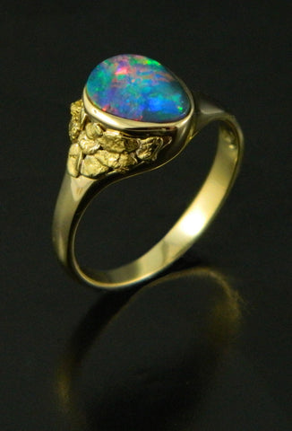 Opal & Natural Gold Nugget 18kt Yellow Gold Ring Opal & Natural Gold Nugget 18kt Yellow Gold Ring