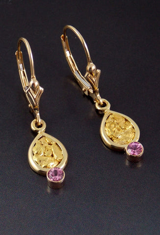 Pink Sapphire and Gold Nugget Earrings Pink Sapphire and Gold Nugget Earrings