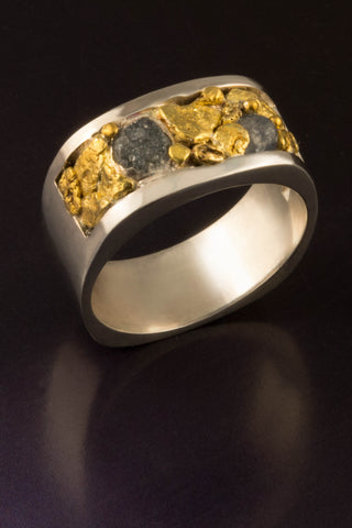 Raw Montana Sapphire Ring with Natural Gold Nuggets Raw Montana Sapphire Ring with Natural Gold Nuggets