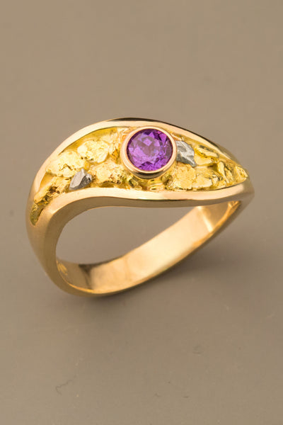 Purple Sapphire and Gold and Platinum Nugget Ring