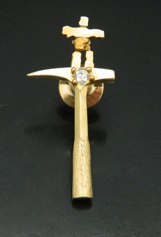 Gold Innugshuk Rockhammer Lapel Pin with Raw Diamond Crystal